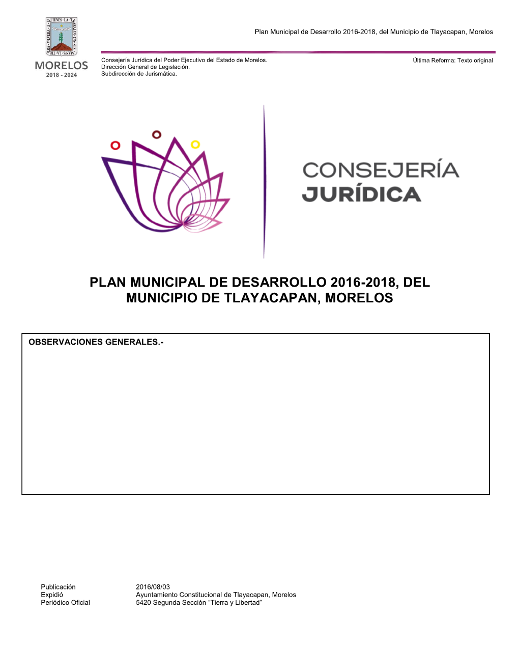 Plan Municipal De Desarrollo 2016-2018, Del Municipio De Tlayacapan, Morelos