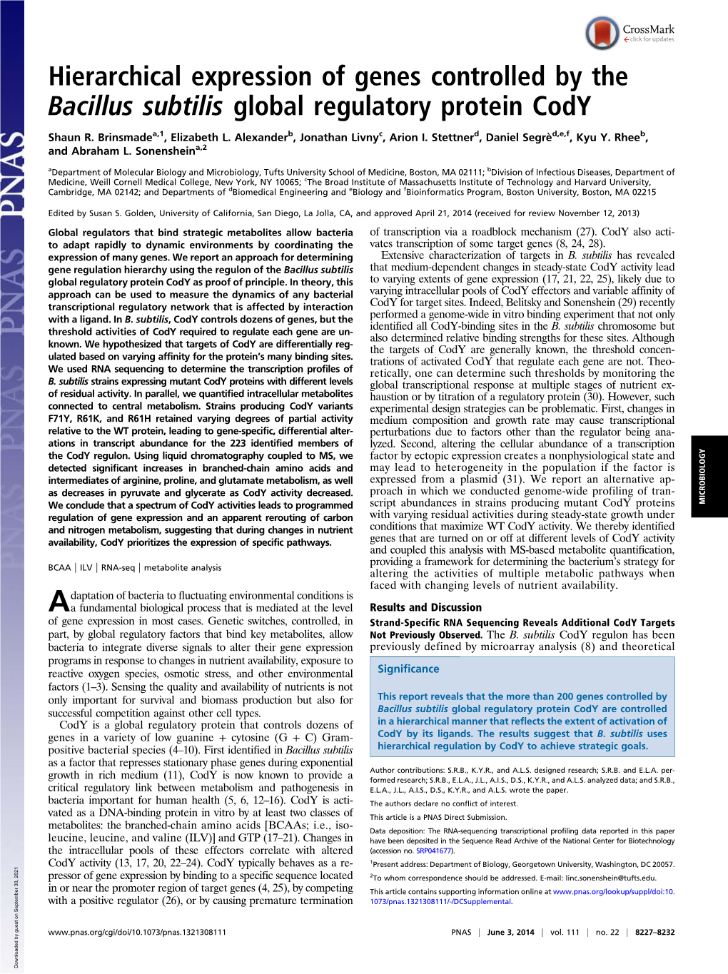 Hierarchical Expression of Genes Controlled by the Bacillus Subtilis Global Regulatory Protein Cody