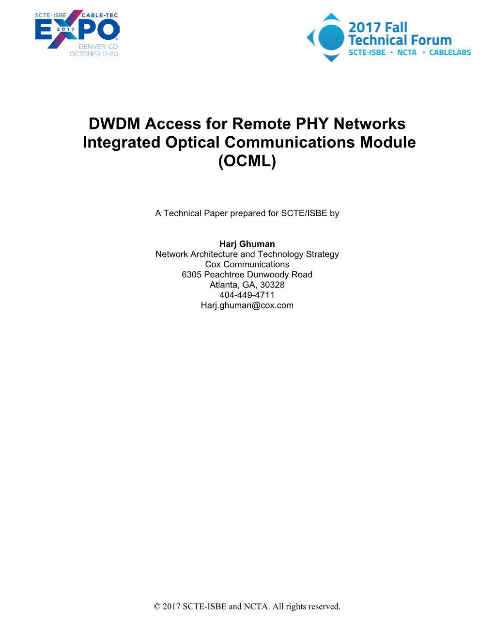 Remote Phy Network Interface Module DWDM Access for Remote PHY Networks Integrated Optical Communications ...