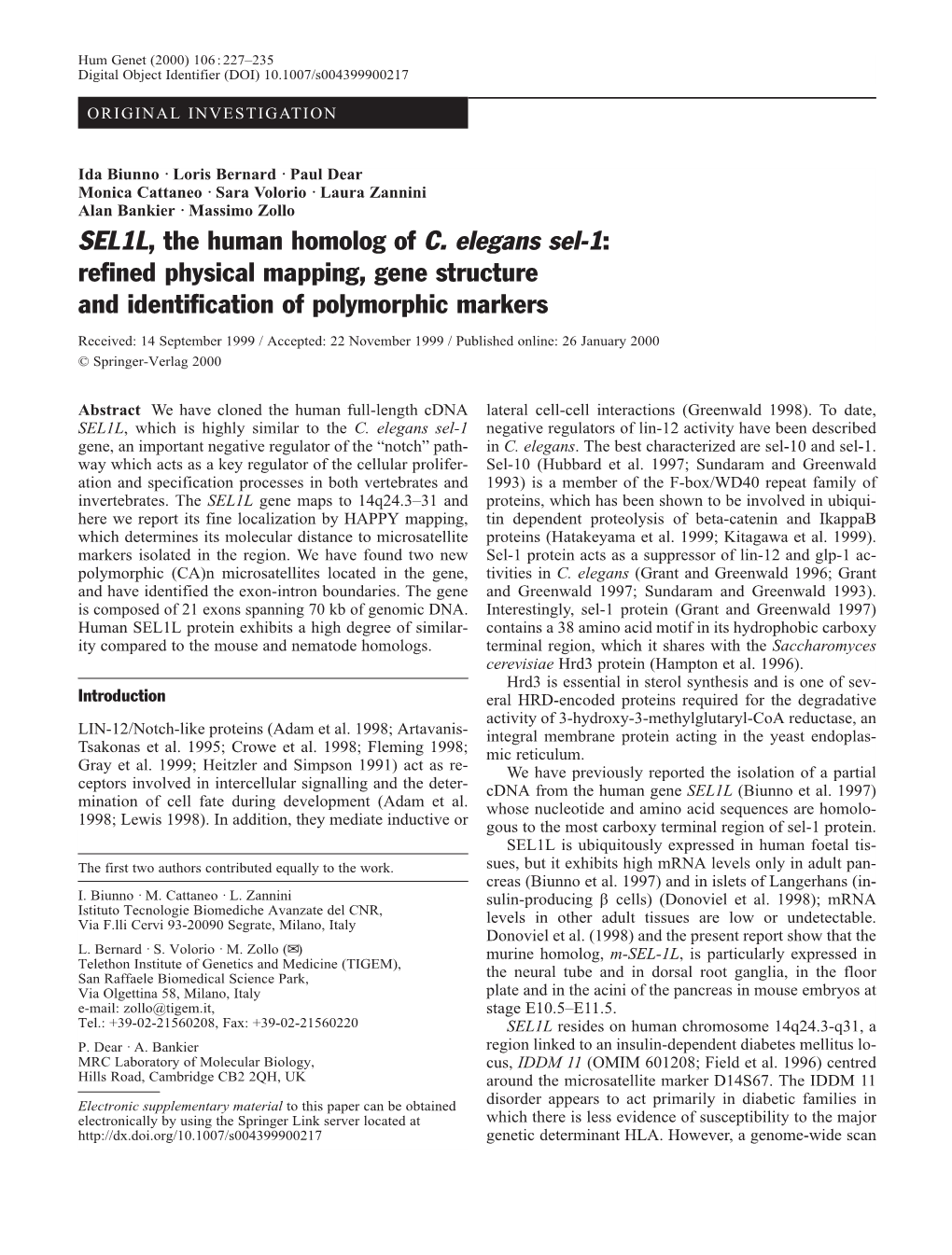 SEL1L, the Human Homolog of C. Elegans Sel-1: Refined Physical Mapping, Gene Structure and Identification of Polymorphic Markers