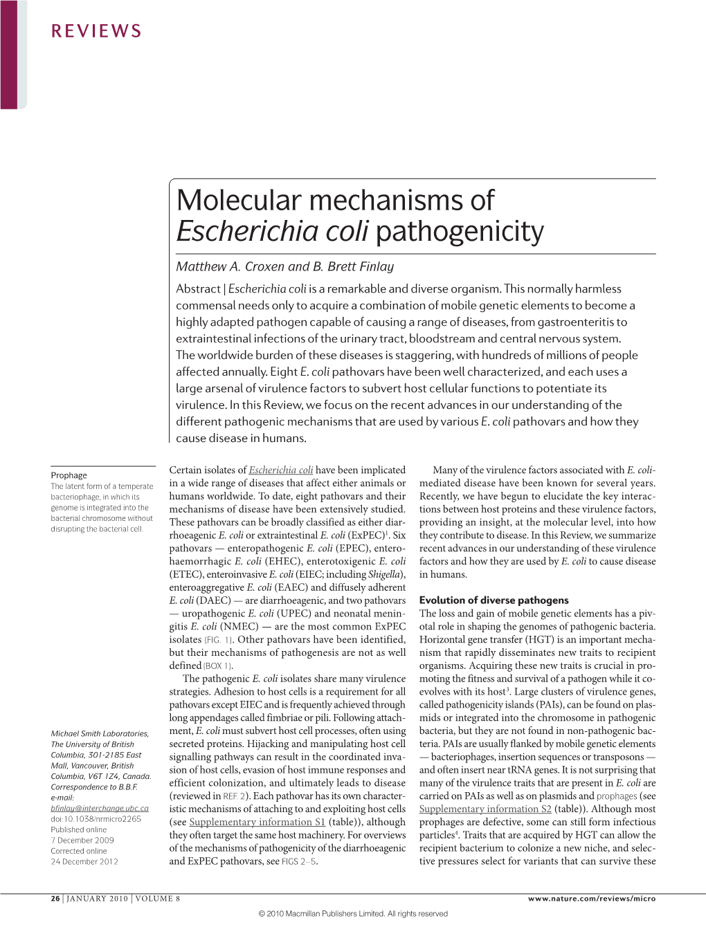 Molecular Mechanisms of Escherichia Coli Pathogenicity