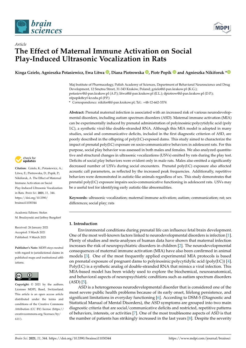 The Effect of Maternal Immune Activation on Social Play-Induced Ultrasonic Vocalization in Rats