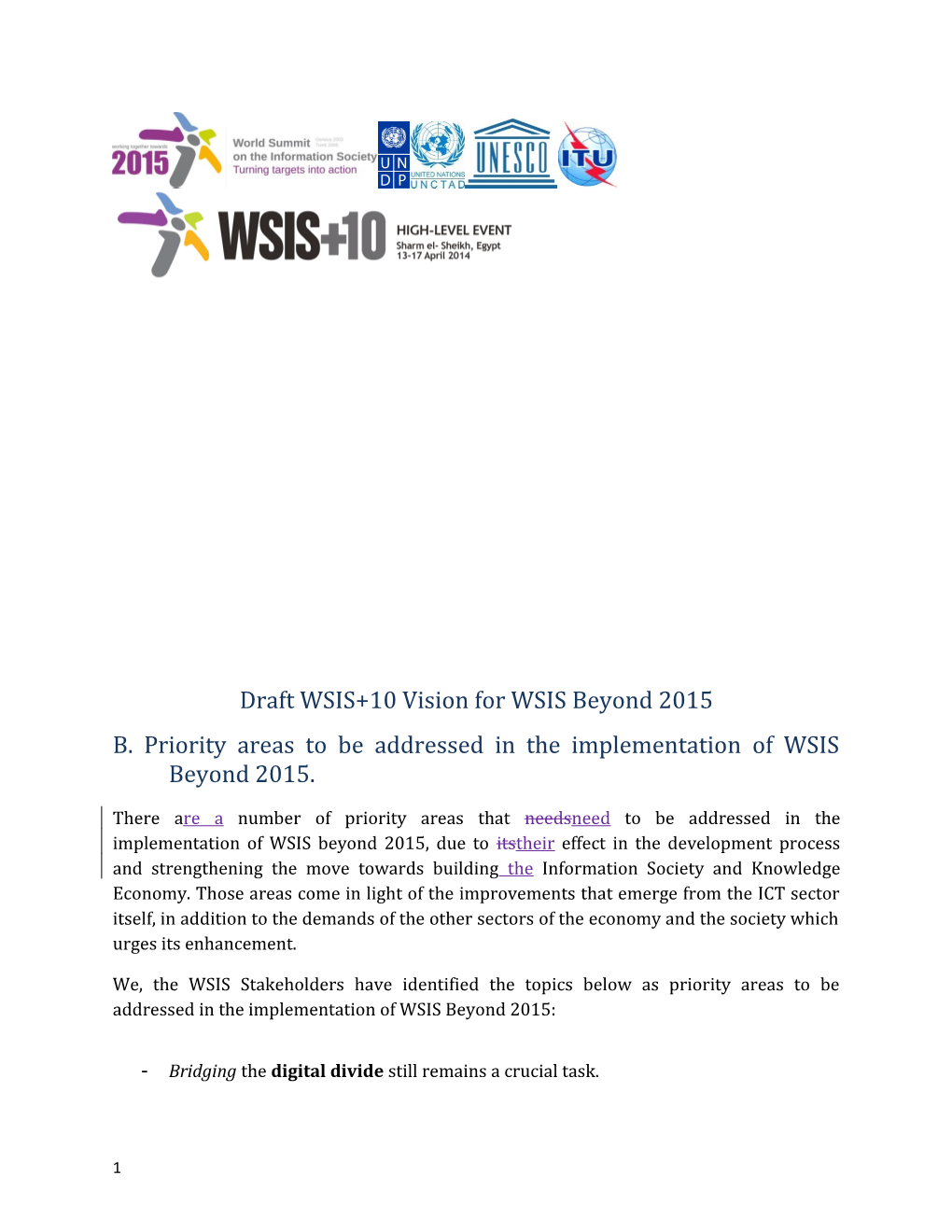 B. Priority Areas to Be Addressed in the Implementation of WSIS Beyond 2015 s1