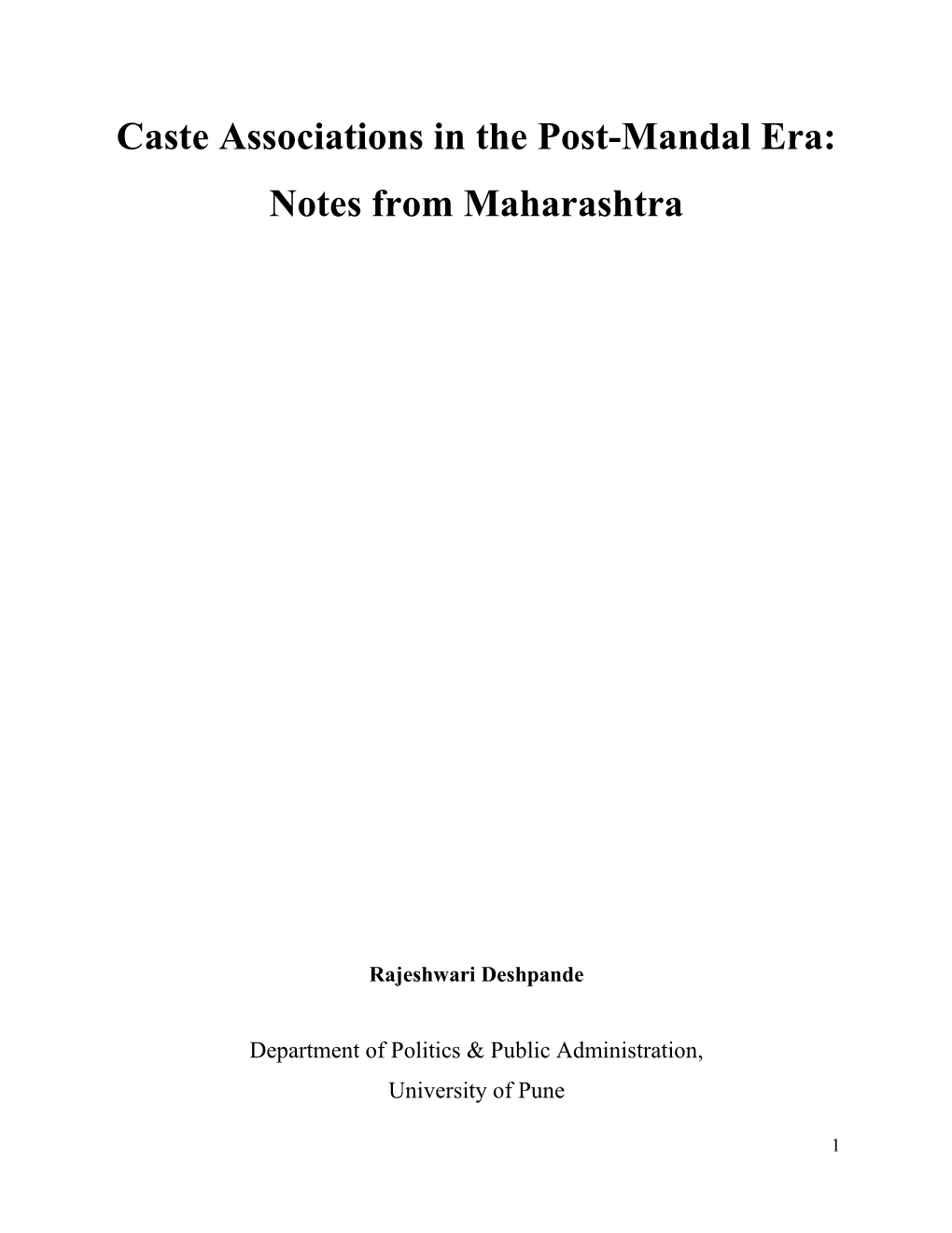 Caste Associations in the Post-Mandal Era: Notes from Maharashtra