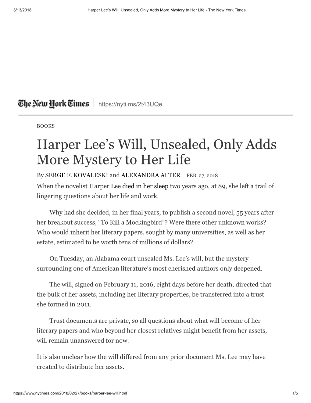 Harper Lee's Will, Unsealed, Only Adds More Mystery to Her Life