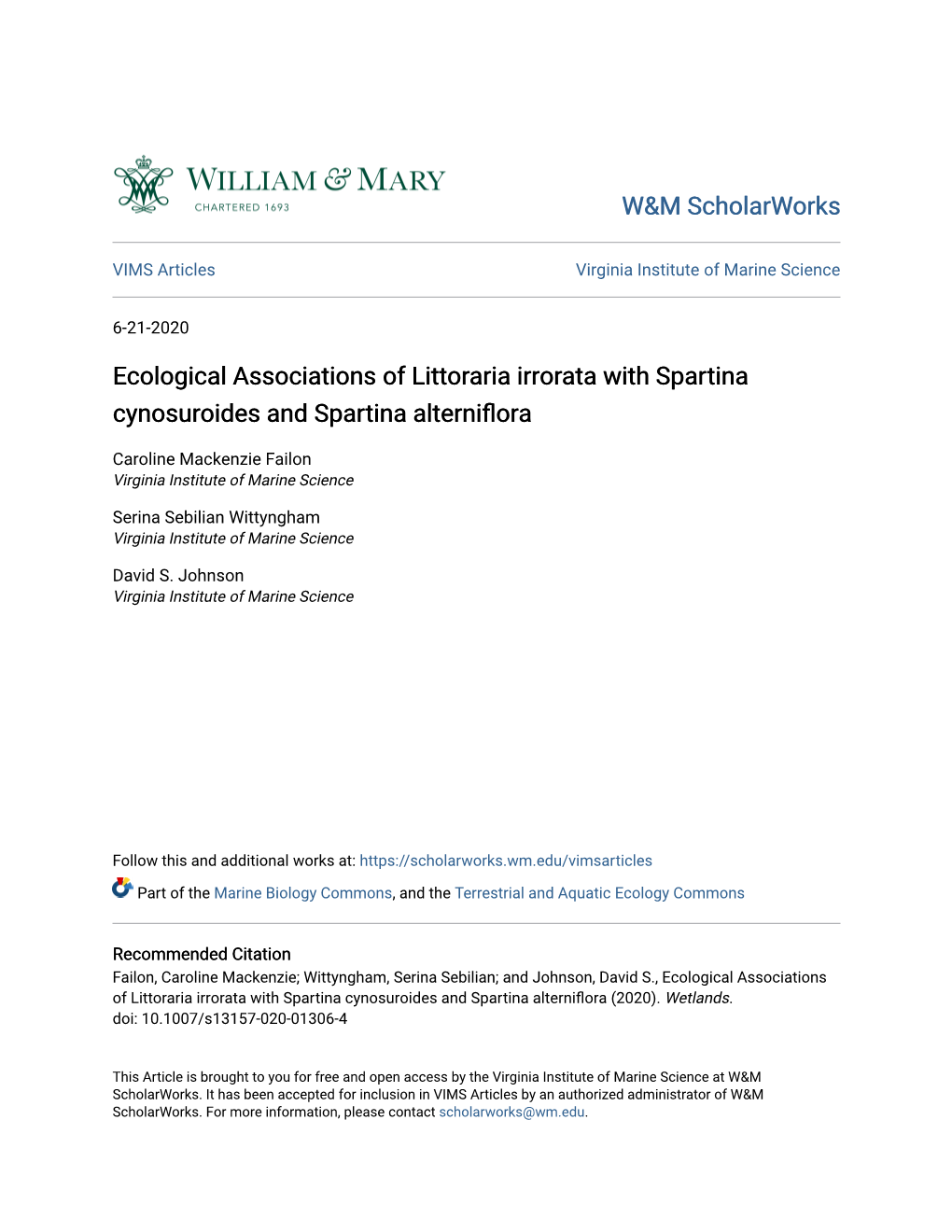 Ecological Associations of Littoraria Irrorata with Spartina Cynosuroides and Spartina Alterniflora