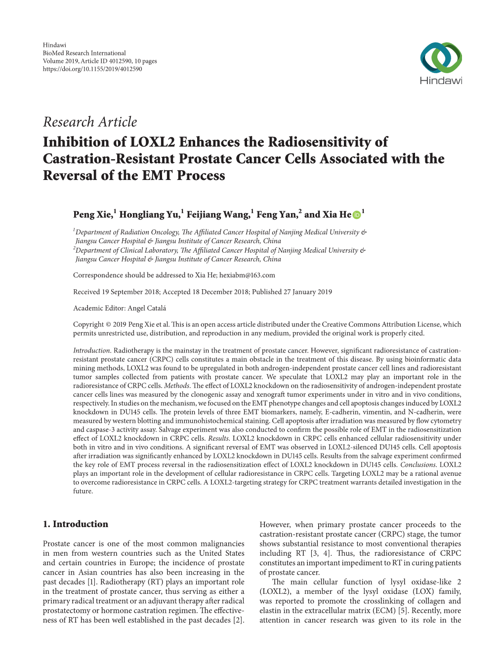 Inhibition of LOXL2 Enhances the Radiosensitivity of Castration-Resistant Prostate Cancer Cells Associated with the Reversal of the EMT Process