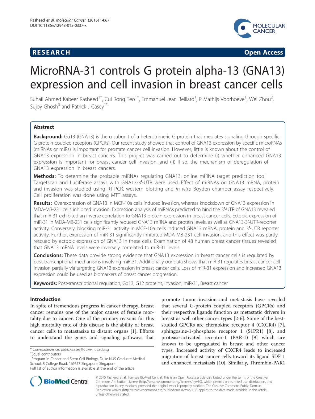 Microrna-31 Controls G Protein Alpha-13 (GNA13) Expression and Cell