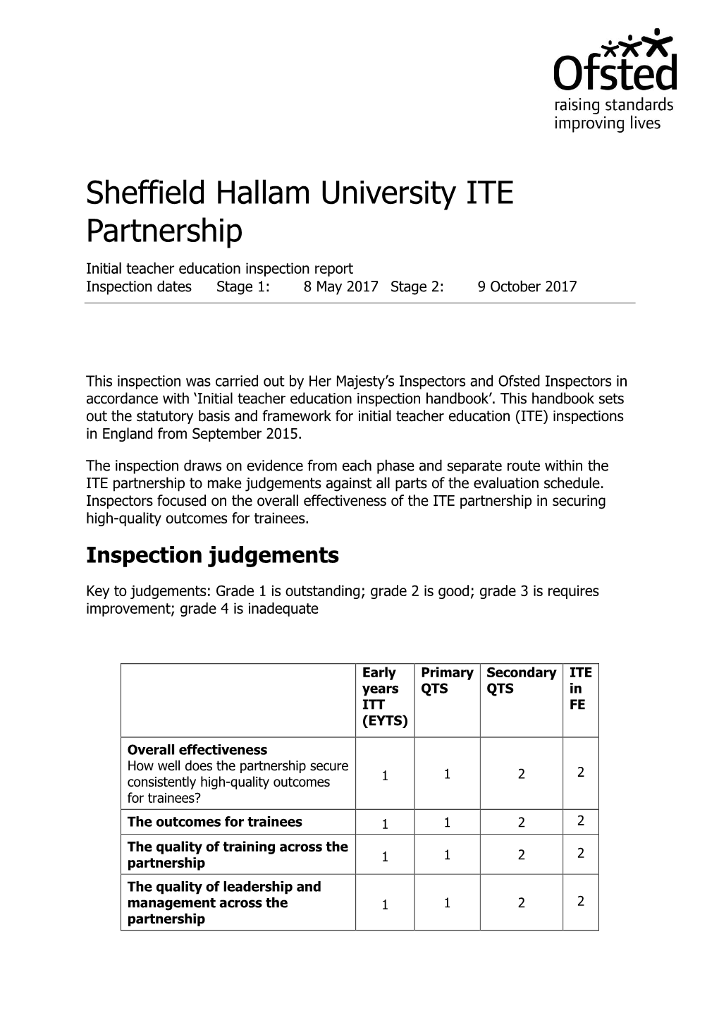 Sheffield Hallam University ITE Partnership Initial Teacher Education Inspection Report Inspection Dates Stage 1: 8 May 2017 Stage 2: 9 October 2017