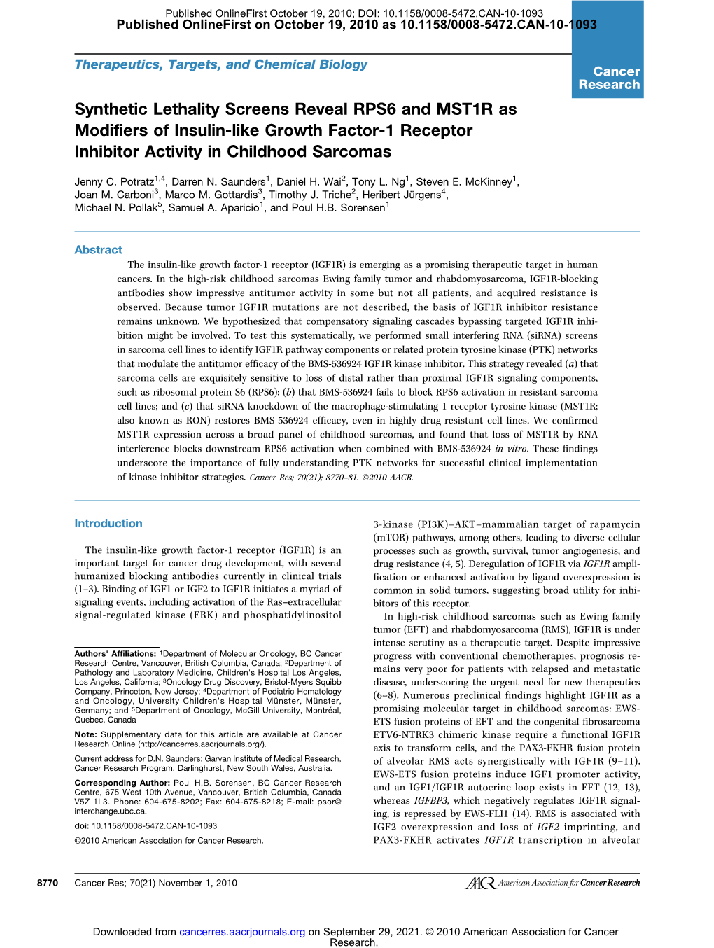 Synthetic Lethality Screens Reveal RPS6 and MST1R As Modifiers of Insulin-Like Growth Factor-1 Receptor Inhibitor Activity in Childhood Sarcomas