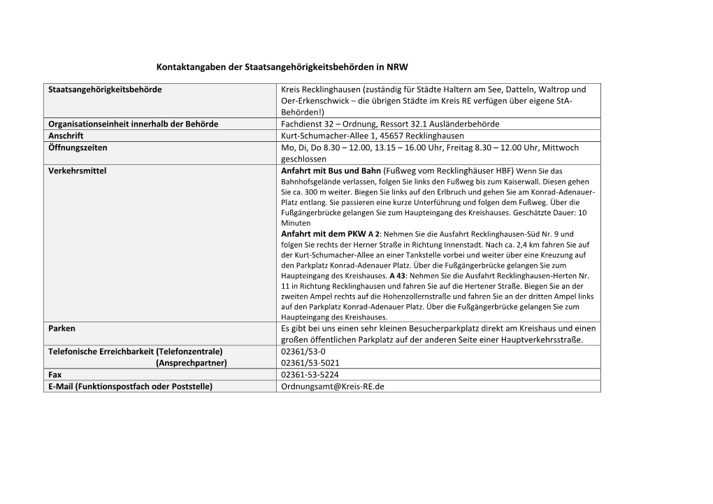 Kontaktangaben Der Staatsangehörigkeitsbehörden in NRW