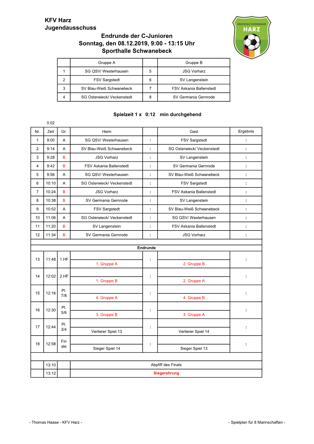 KFV Harz Jugendausschuss Endrunde Der C-Junioren Sonntag, Den 08.12.2019, 9:00 - 13:15 Uhr Sporthalle Schwanebeck