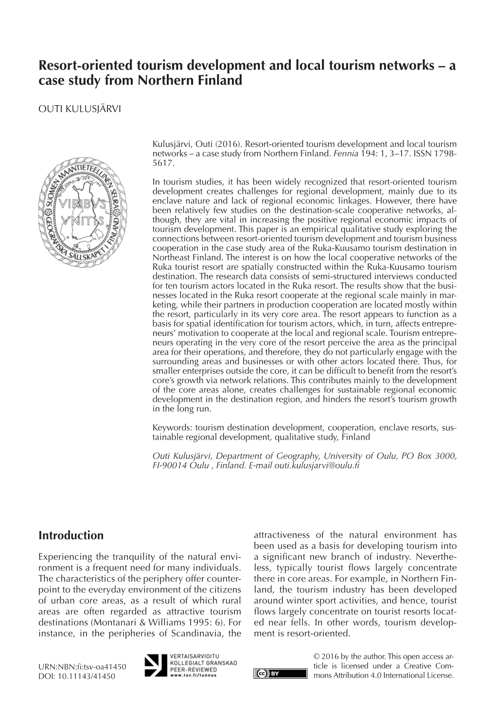 Resort-Oriented Tourism Development and Local Tourism Networks – a Case Study from Northern Finland