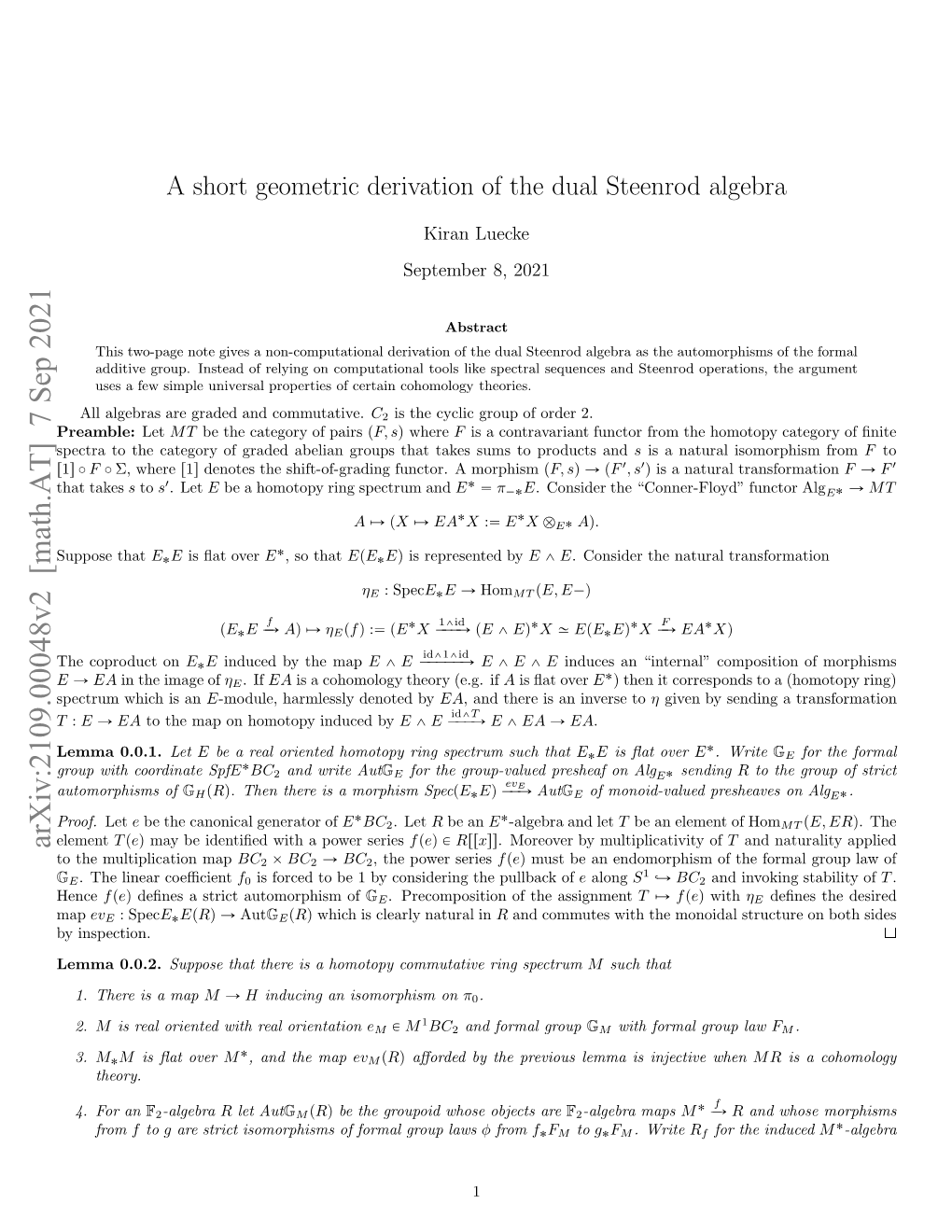 A Short Geometric Derivation of the Dual Steenrod Algebra