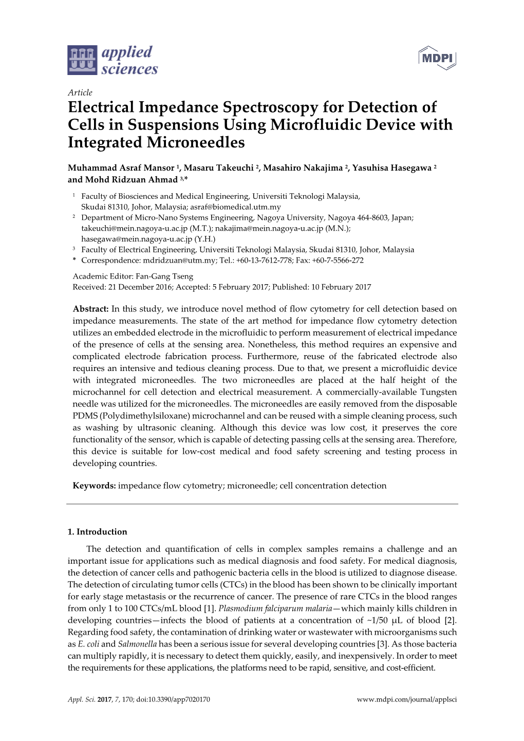 Electrical Impedance Spectroscopy for Detection of Cells in Suspensions Using Microfluidic Device with Integrated Microneedles
