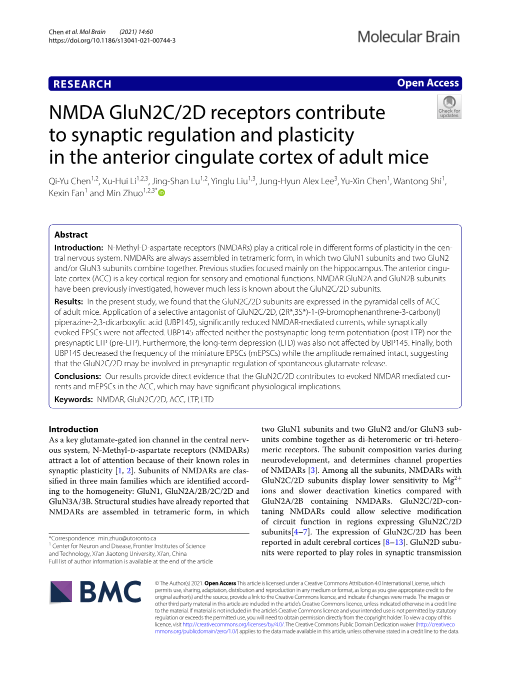 NMDA Glun2c/2D Receptors Contribute to Synaptic Regulation