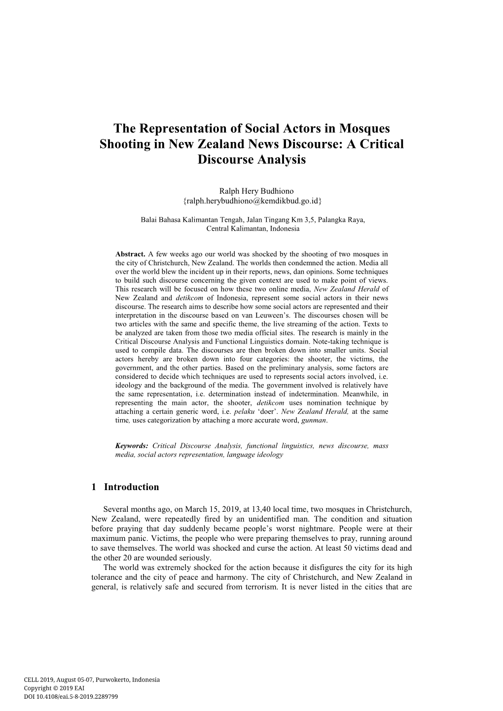 The Representation of Social Actors in Mosques Shooting in New Zealand News Discourse: a Critical Discourse Analysis