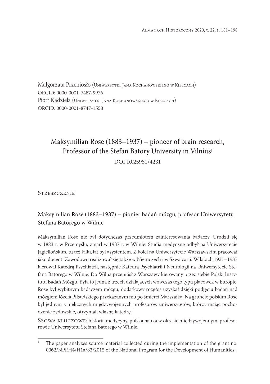 Maksymilian Rose (1883–1937) – Pioneer of Brain Research, Professor of the Stefan Batory University in Vilnius1 DOI 10.25951/4231