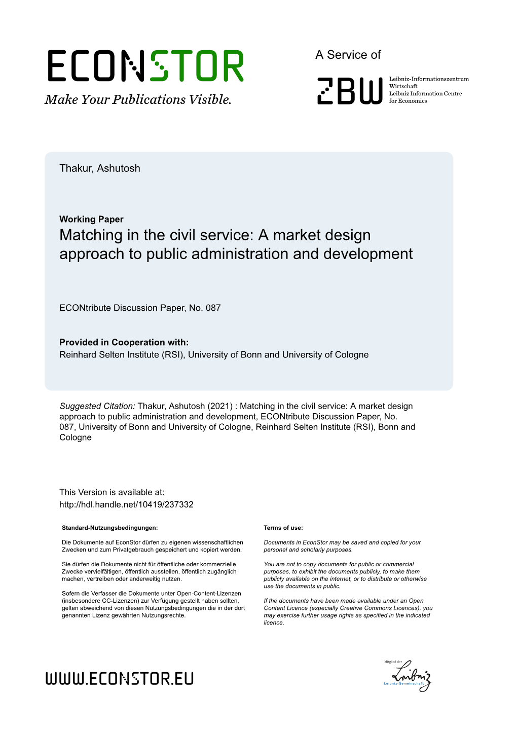 Matching in the Civil Service: a Market Design Approach to Public Administration and Development