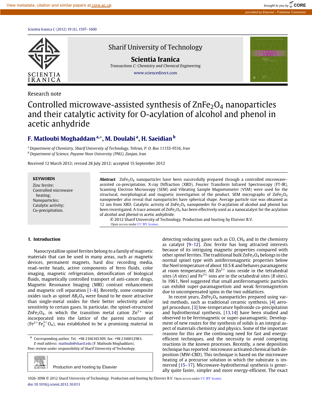 Controlled Microwave-Assisted Synthesis of Znfe2o4 Nanoparticles and Their Catalytic Activity for O-Acylation of Alcohol and Phenol in Acetic Anhydride