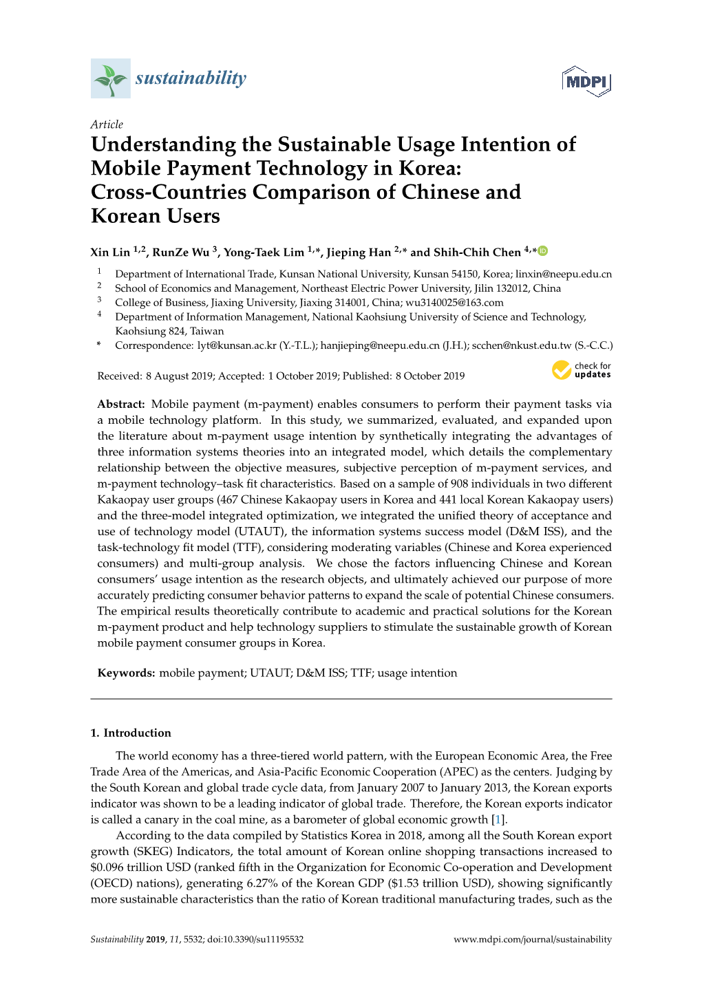 Understanding the Sustainable Usage Intention of Mobile Payment Technology in Korea: Cross-Countries Comparison of Chinese and Korean Users