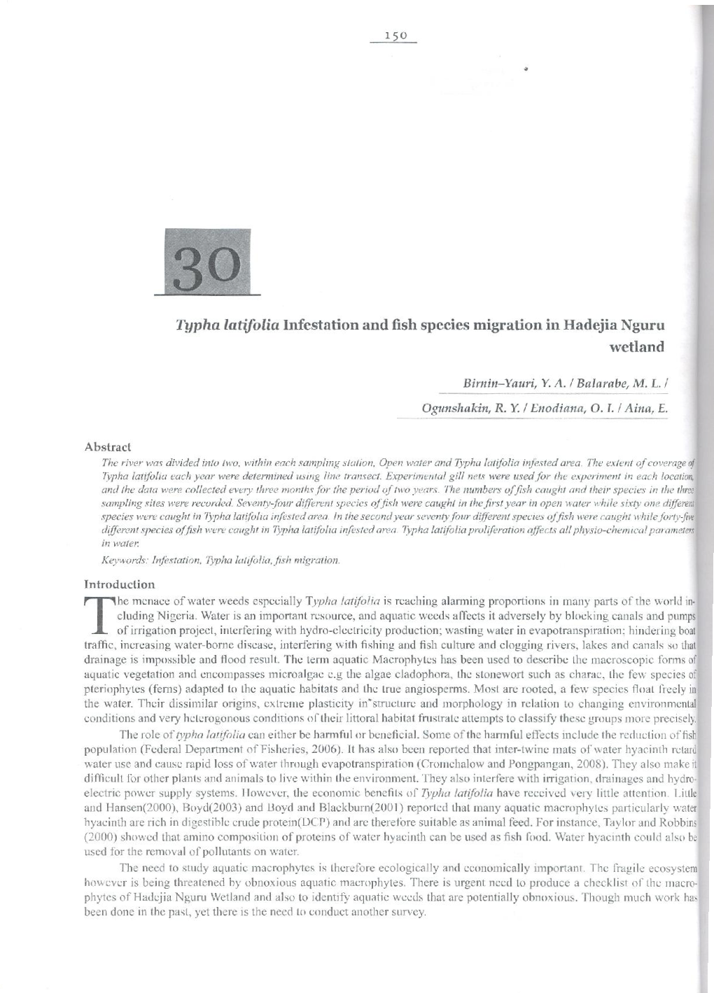 Typha Latifolia Infestation and Fish Species Migration in Hadejia Nguru Wetland