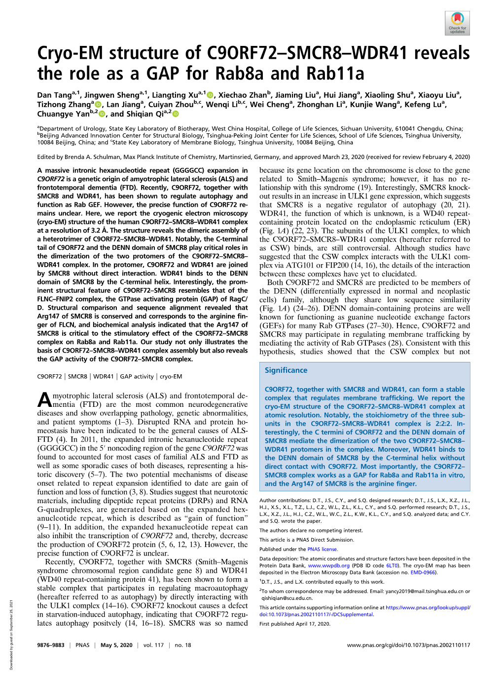 Cryo-EM Structure of C9ORF72–SMCR8–WDR41 Reveals the Role As a GAP for Rab8a and Rab11a