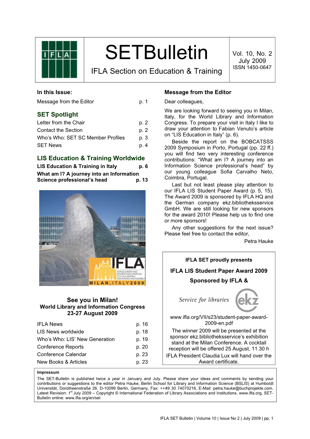 Setbulletin July 2009 ISSN 1450-0647 IFLA Section on Education & Training