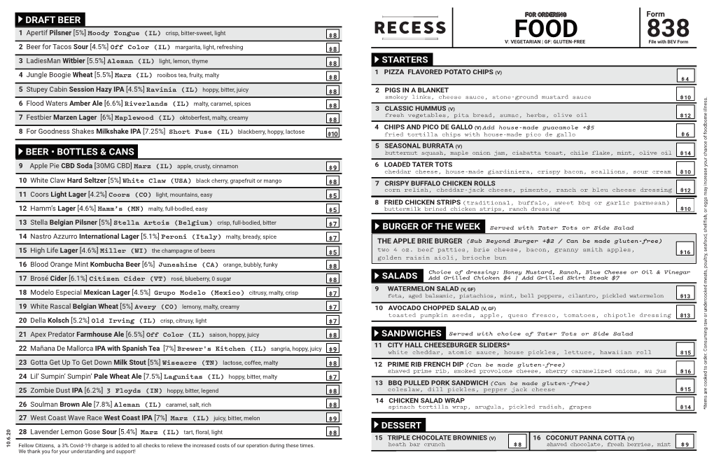 Recess Food+Bev Menu 10.6.20