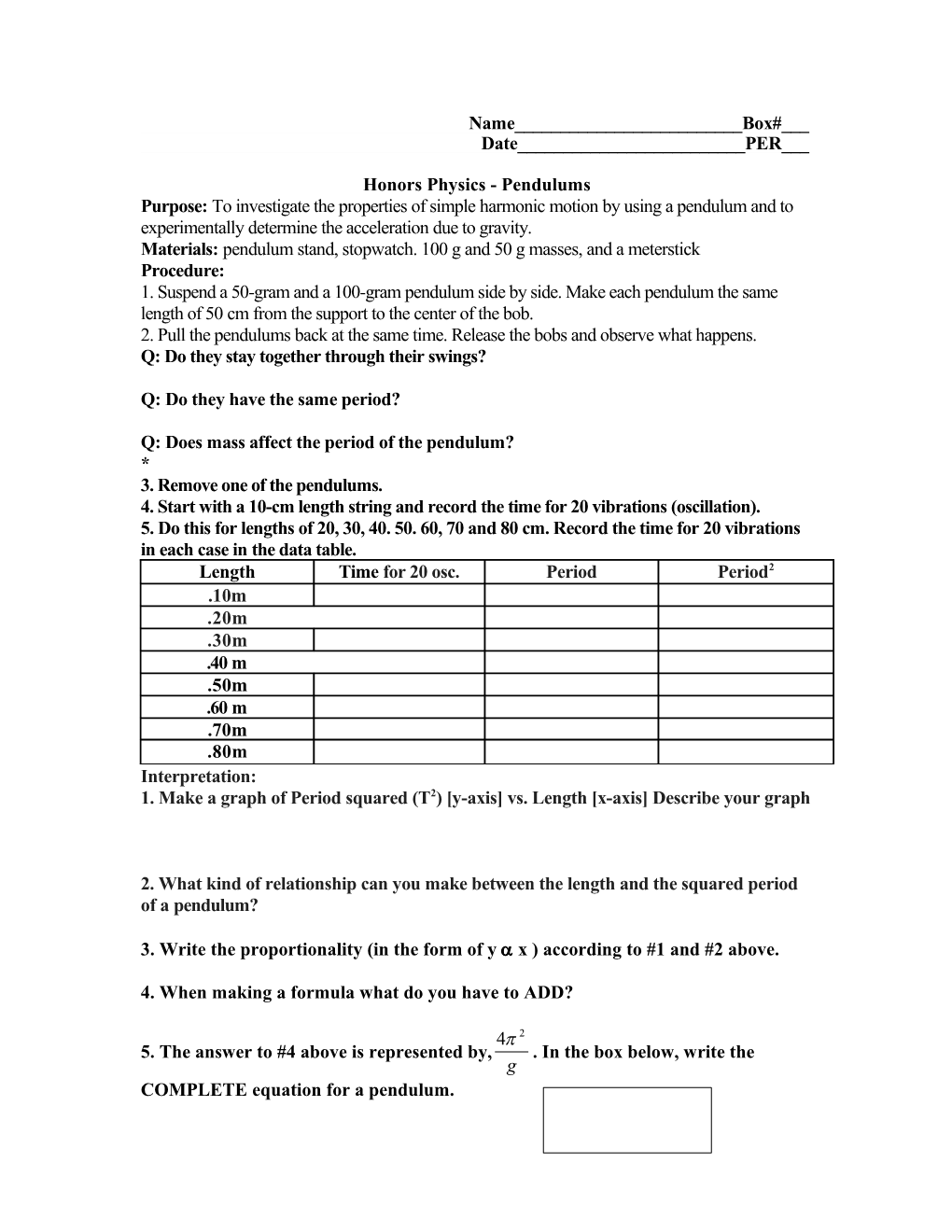 Honors Physics - Pendulums