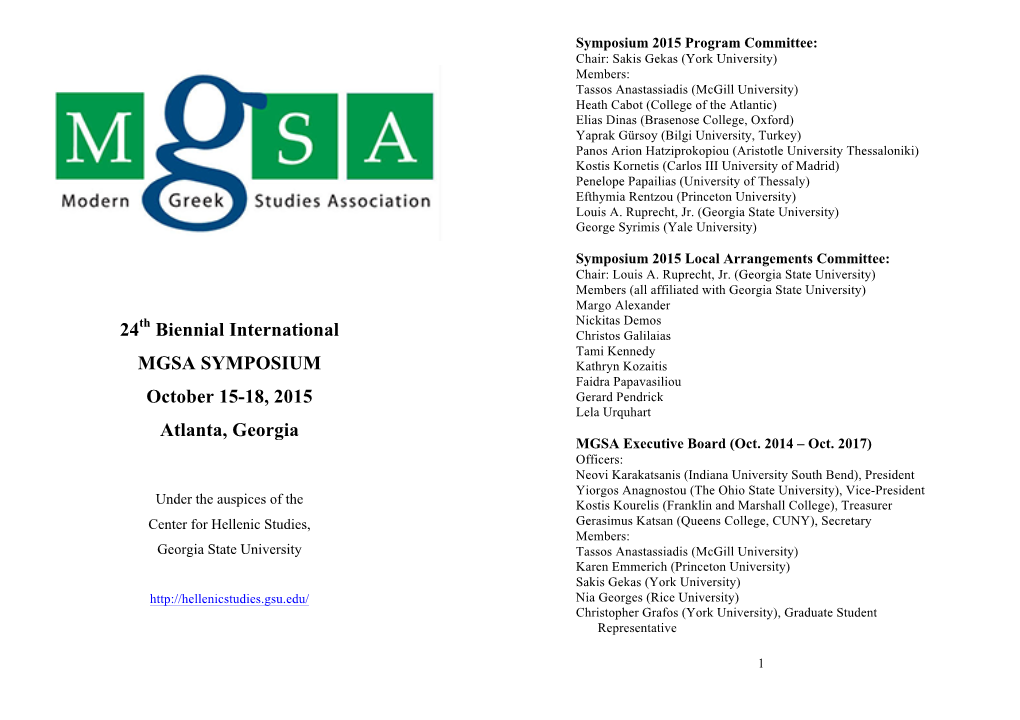 24Th Biennial International MGSA SYMPOSIUM October 15-18, 2015