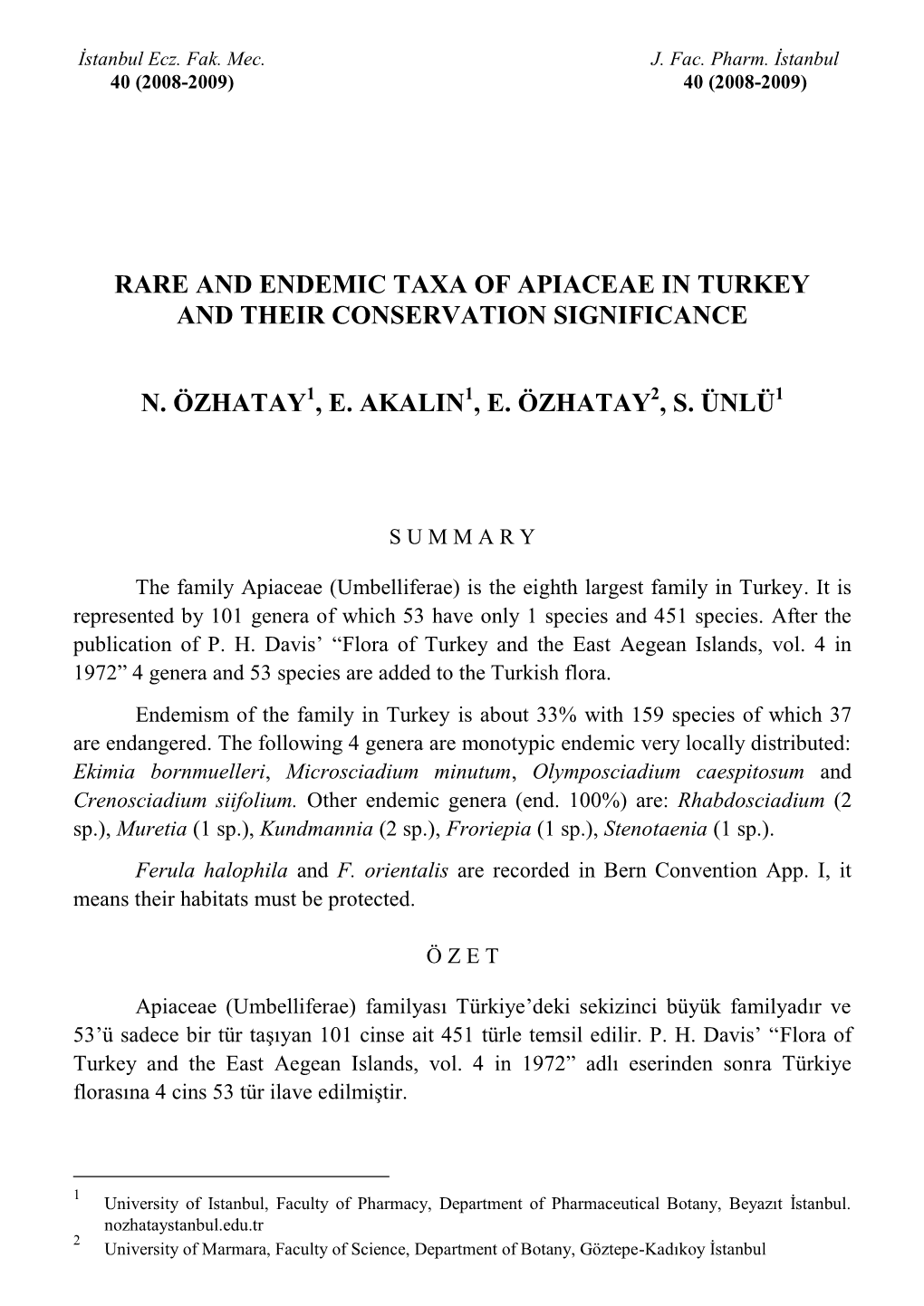 Rare and Endemic Taxa of Apiaceae in Turkey and Their Conservation Significance