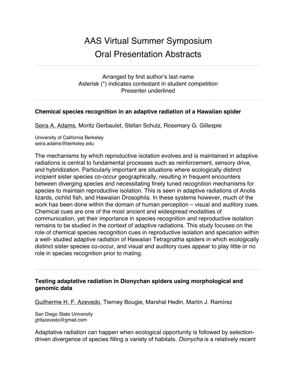 AAS Virtual Summer Symposium Oral Presentation Abstracts