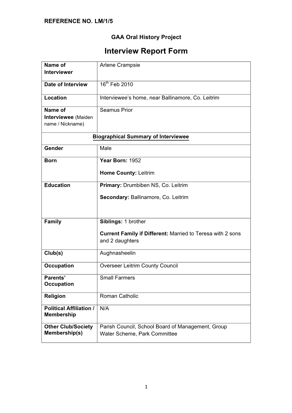 GAA Oral History Project Interview Report Form