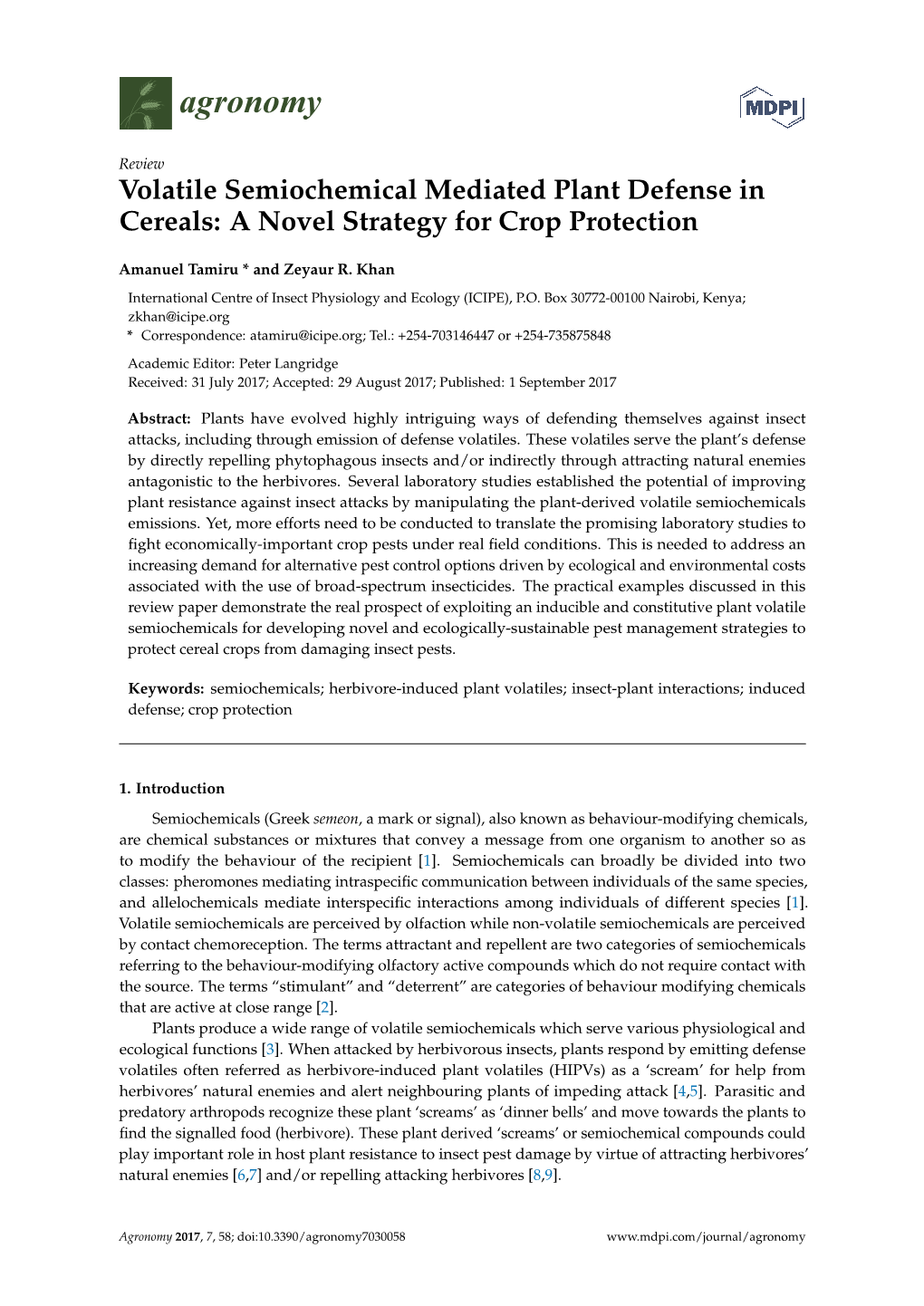 Volatile Semiochemical Mediated Plant Defense in Cereals: a Novel Strategy for Crop Protection