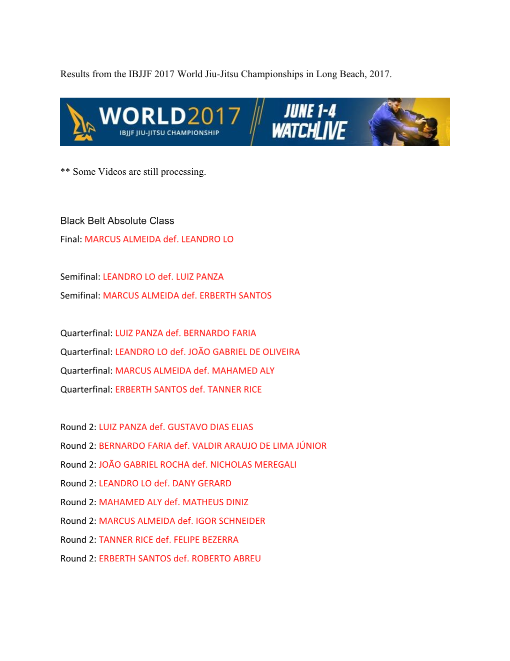 Results from the IBJJF 2017 World Jiu-Jitsu Championships in Long Beach, 2017. ** Some Videos Are Still Processing. Black Belt A