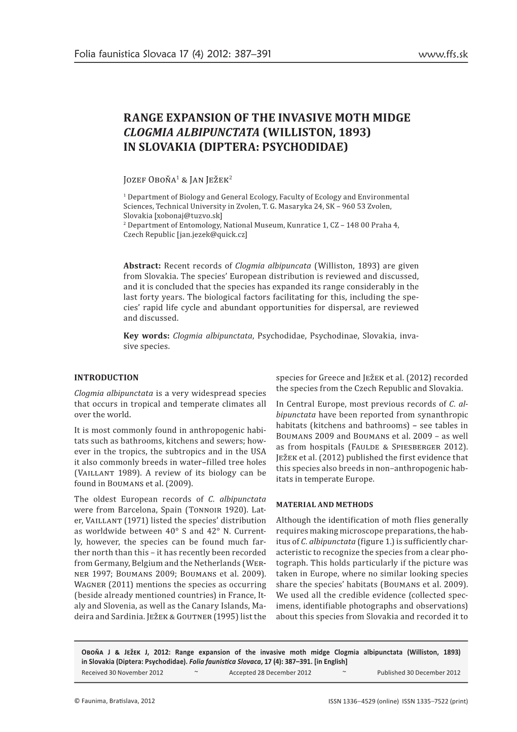 Range Expansion of the Invasive Moth Midge Clogmia Albipunctata (Williston, 1893) in Slovakia (Diptera: Psychodidae)