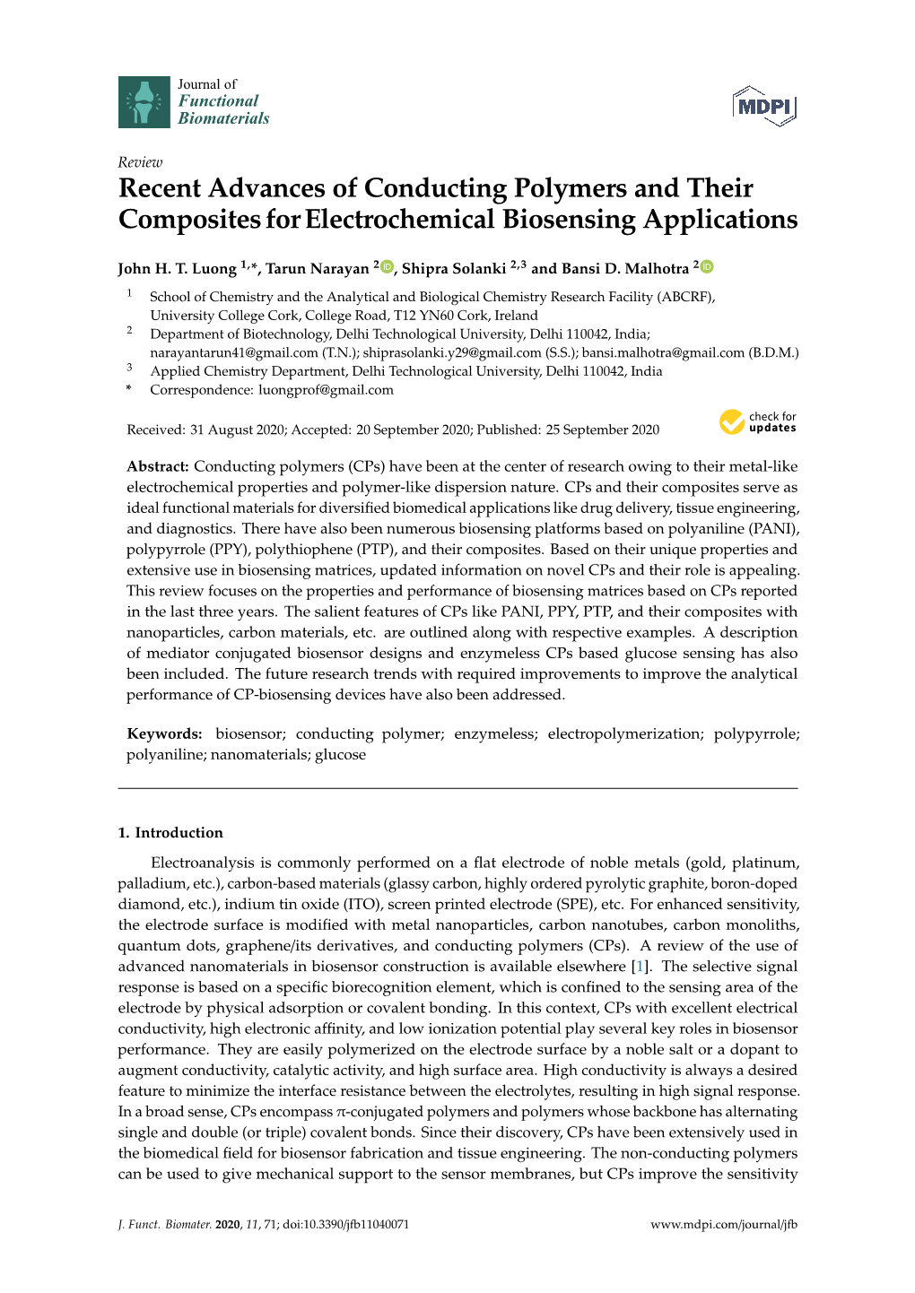 Recent Advances of Conducting Polymers and Their Composites For