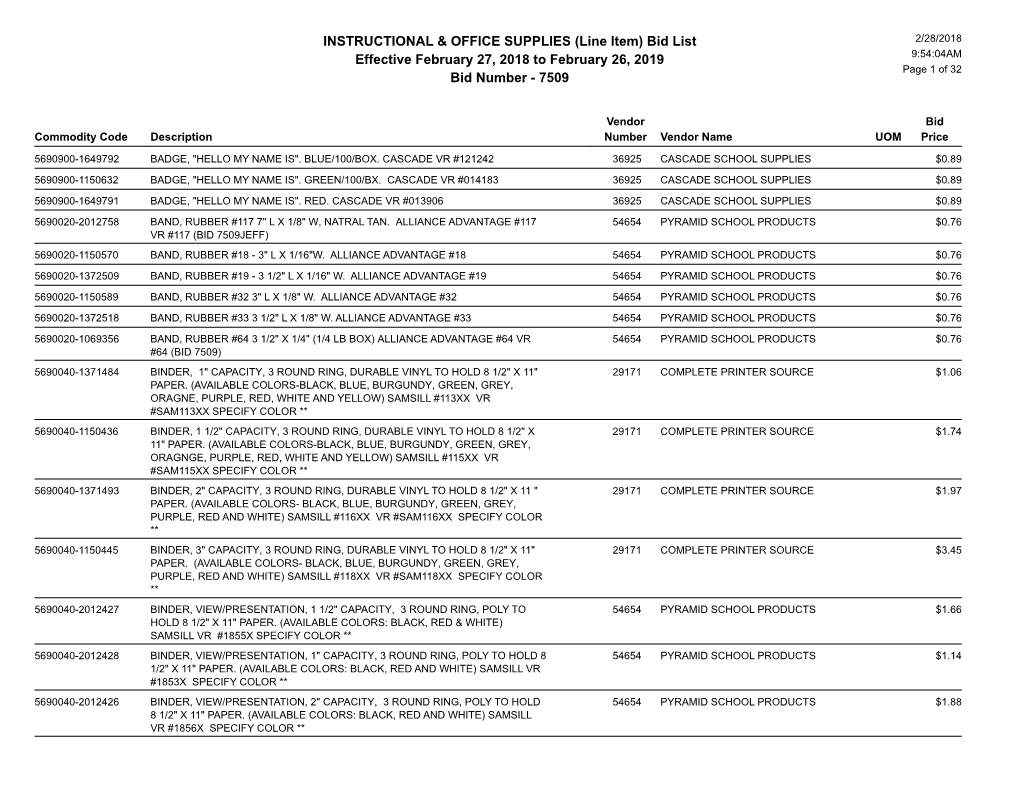 INSTRUCTIONAL & OFFICE SUPPLIES (Line Item) Bid List Effective February 27, 2018 to February 26, 2019 Bid Number