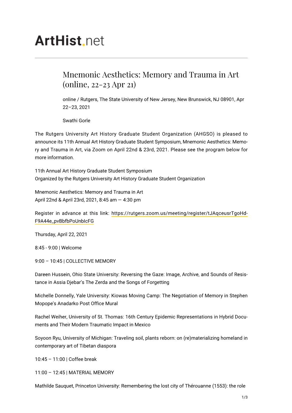 Mnemonic Aesthetics: Memory and Trauma in Art (Online, 22-23 Apr 21)