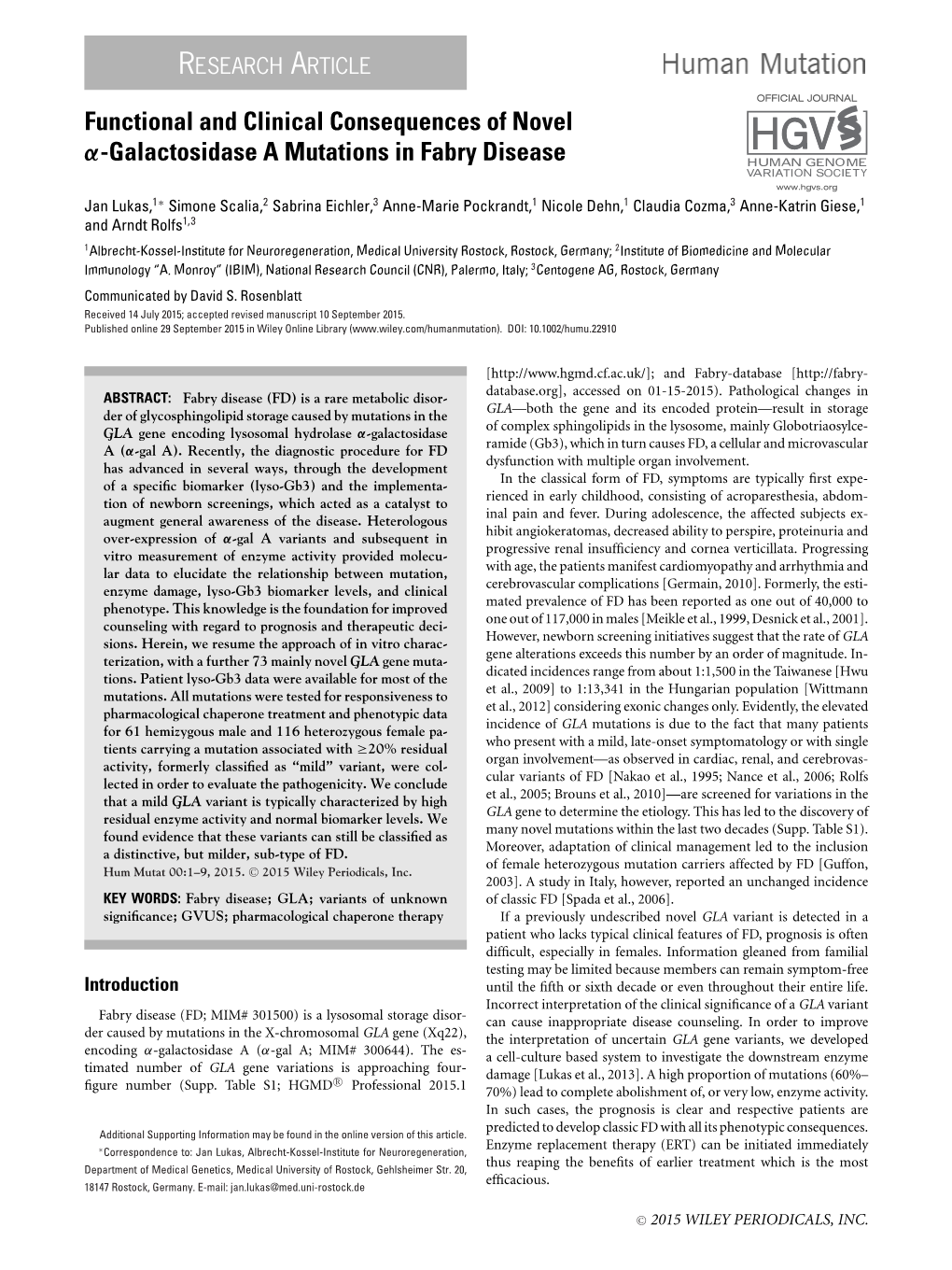 X02010;Galactosidase a Mutations in Fabry Disease