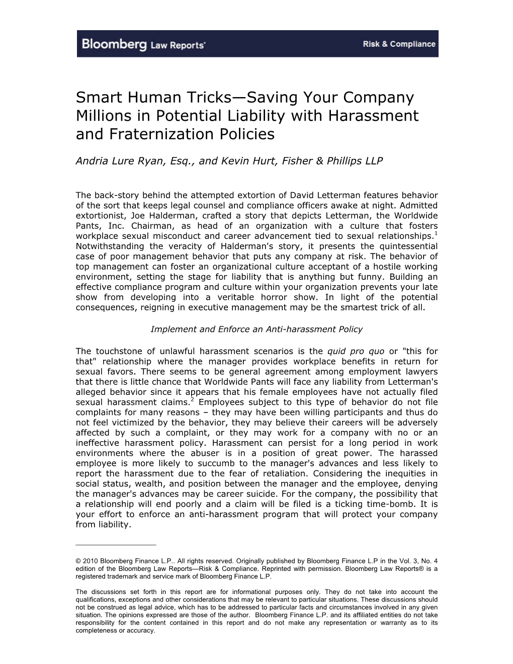 Smart Human Tricks—Saving Your Company Millions in Potential Liability with Harassment and Fraternization Policies