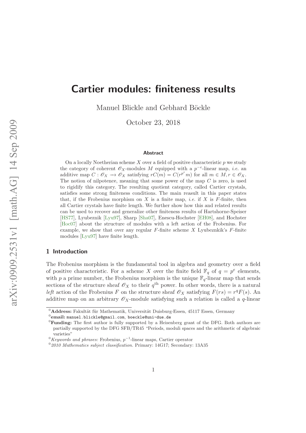 [Math.AG] 14 Sep 2009 Cartier Modules: Finiteness Results