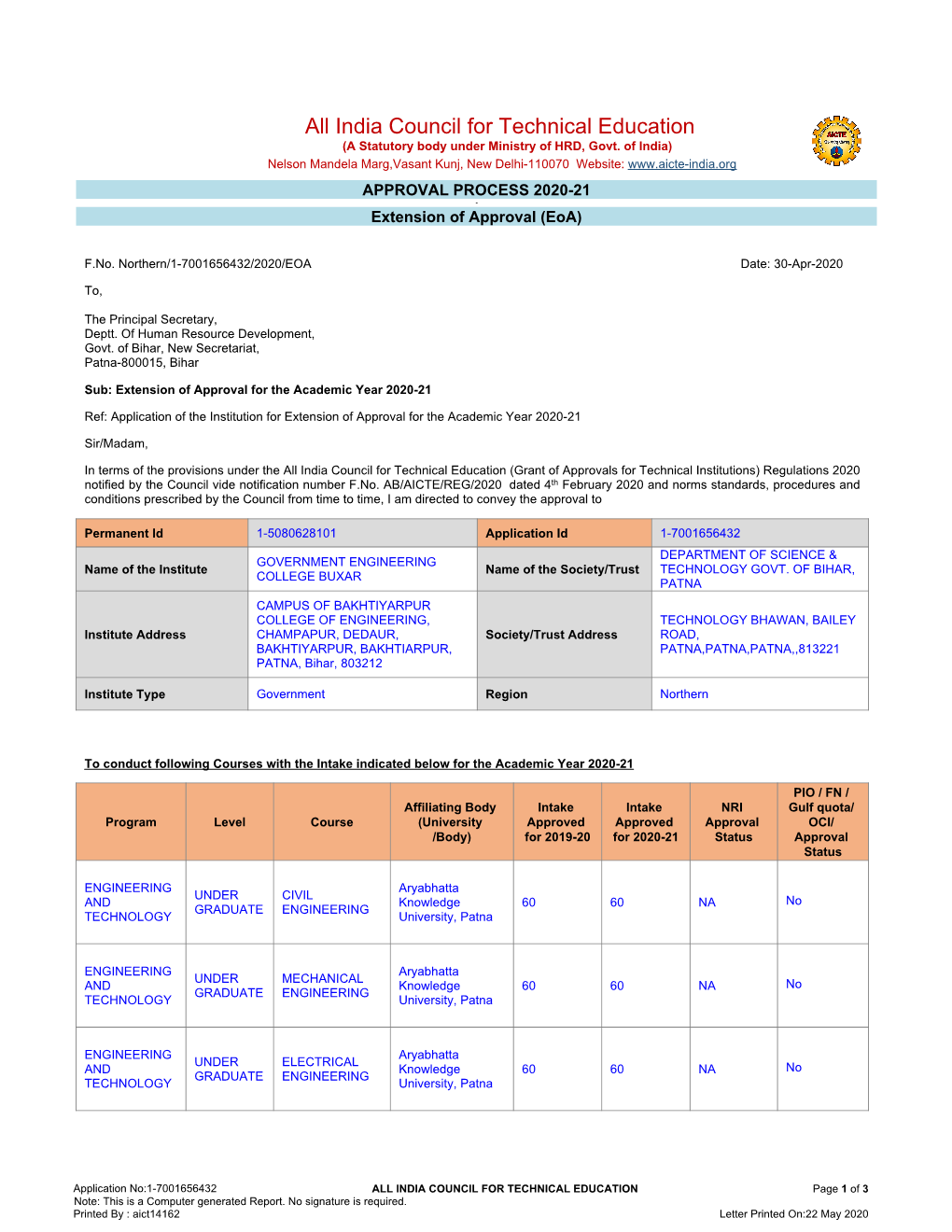 India Council for Technical Education (A Statutory Body Under Ministry of HRD, Govt