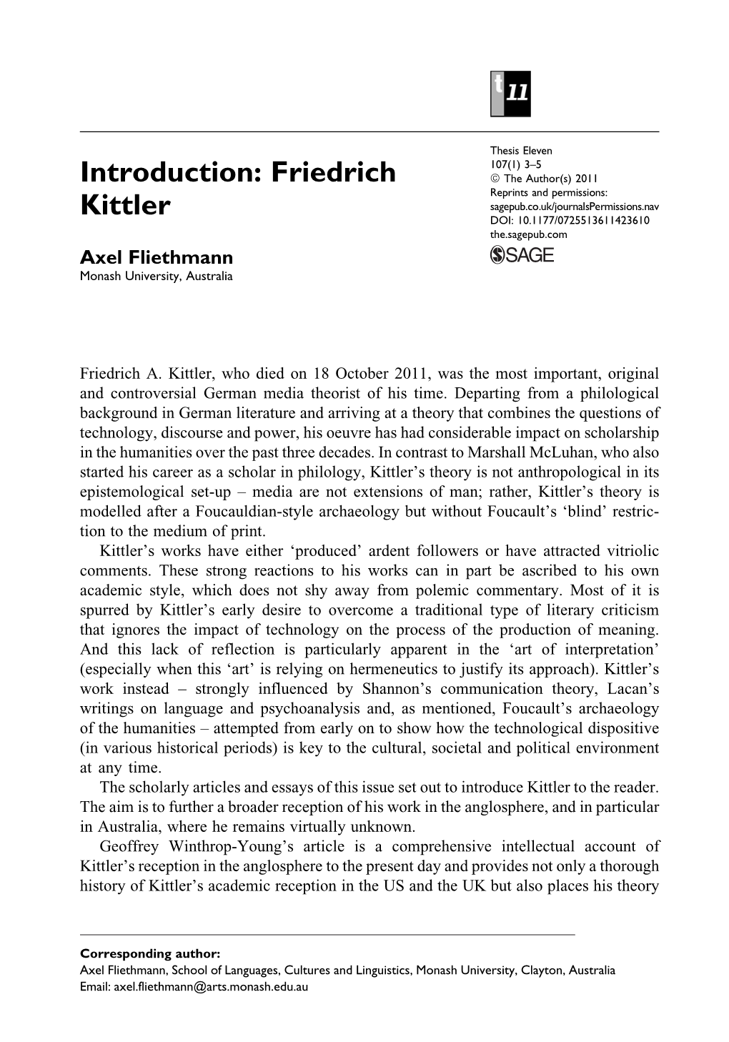 Thesis Eleven: 107(1), Special Section on Friedrich Kittler