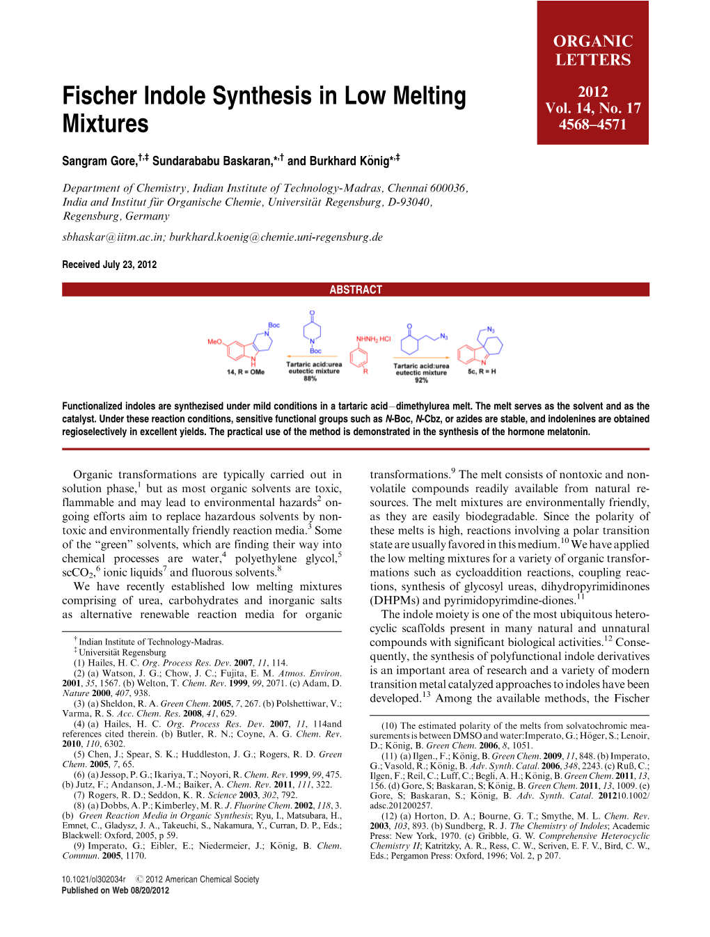 Fischer Indole Synthesis in Low Melting Mixtures