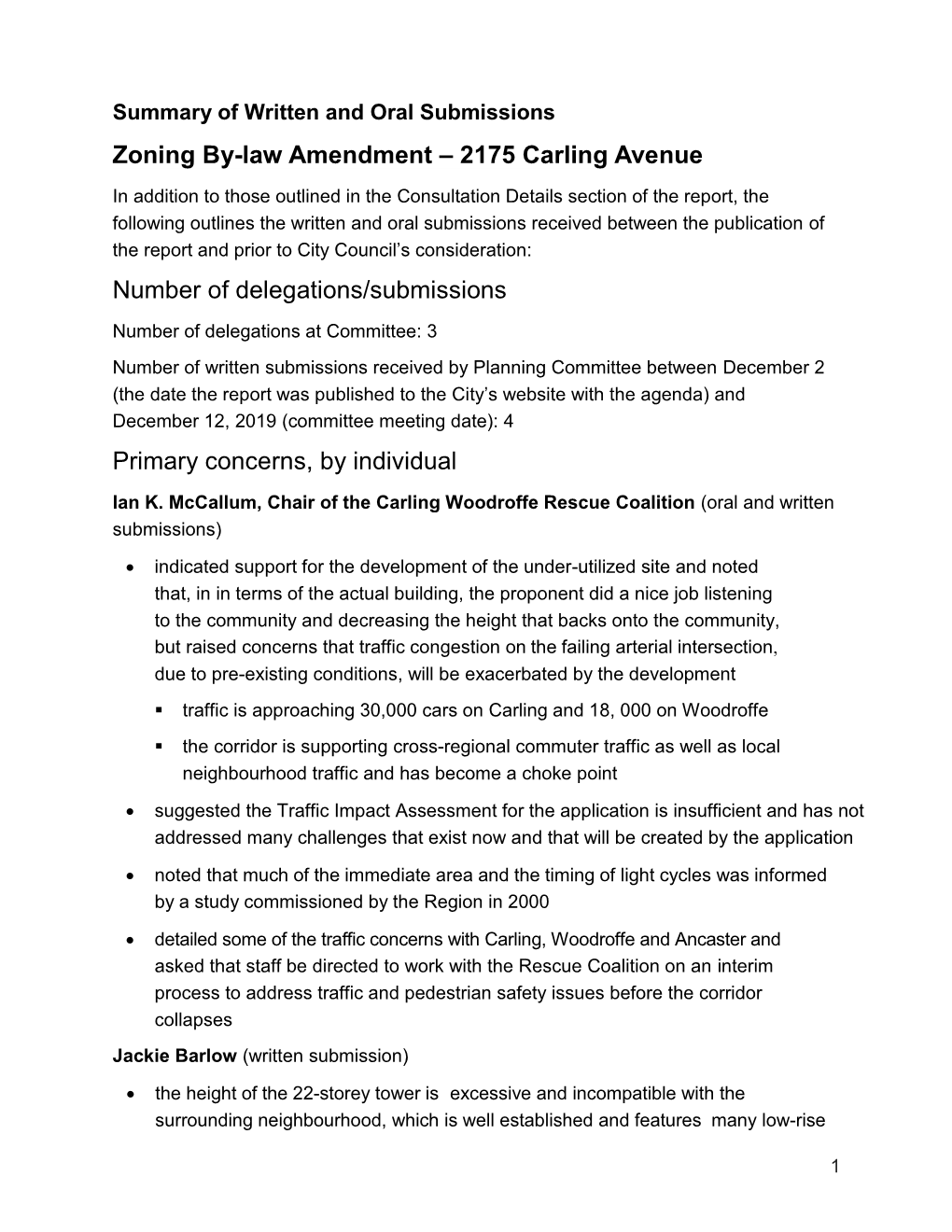 Summary of Submissions, Zoning By-Law Amendment –2175 Carling Avenue