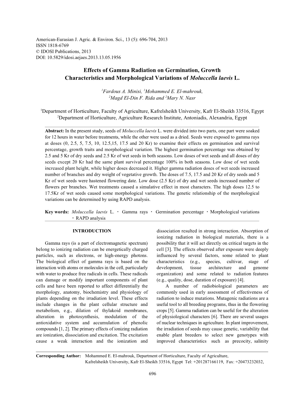 Effects of Gamma Radiation on Germination, Growth Characteristics and Morphological Variations of Moluccella Laevis L