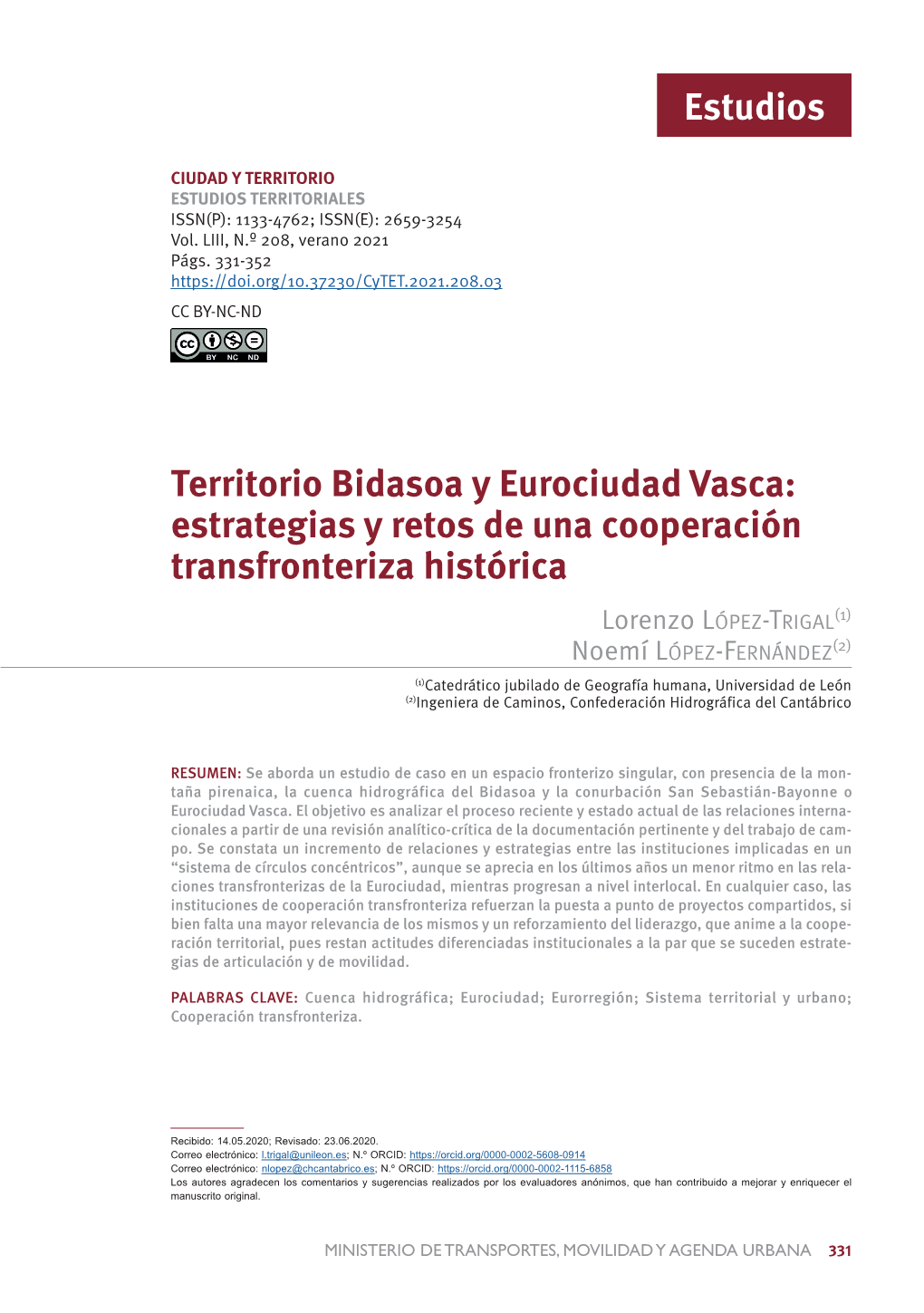 Territorio Bidasoa Y Eurociudad Vasca: Estrategias Y Retos De Una Cooperación Transfronteriza Histórica