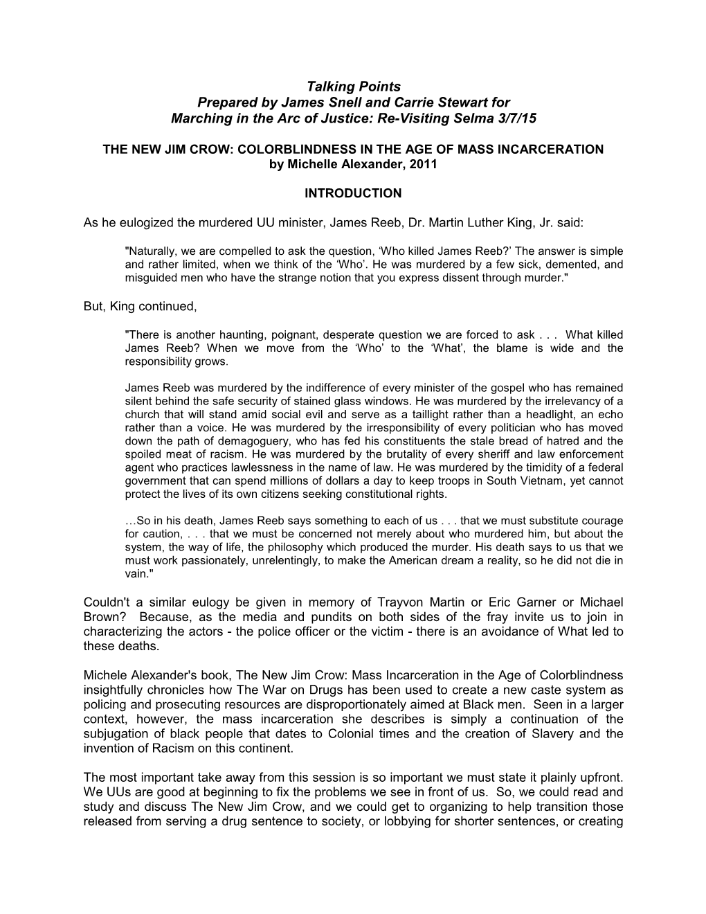 Talking Points Prepared by James Snell and Carrie Stewart for Marching in the Arc of Justice: Re-Visiting Selma 3/7/15